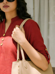 Crimson Cotton Flex Co-Ord Set with Mandarin Collar & Stitched Button Details