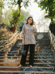 Dark Grey & Yellow Floral Print Short Kurti in Cotton Cambric