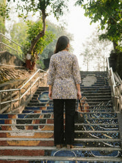 Dark Grey & Yellow Floral Print Short Kurti in Cotton Cambric