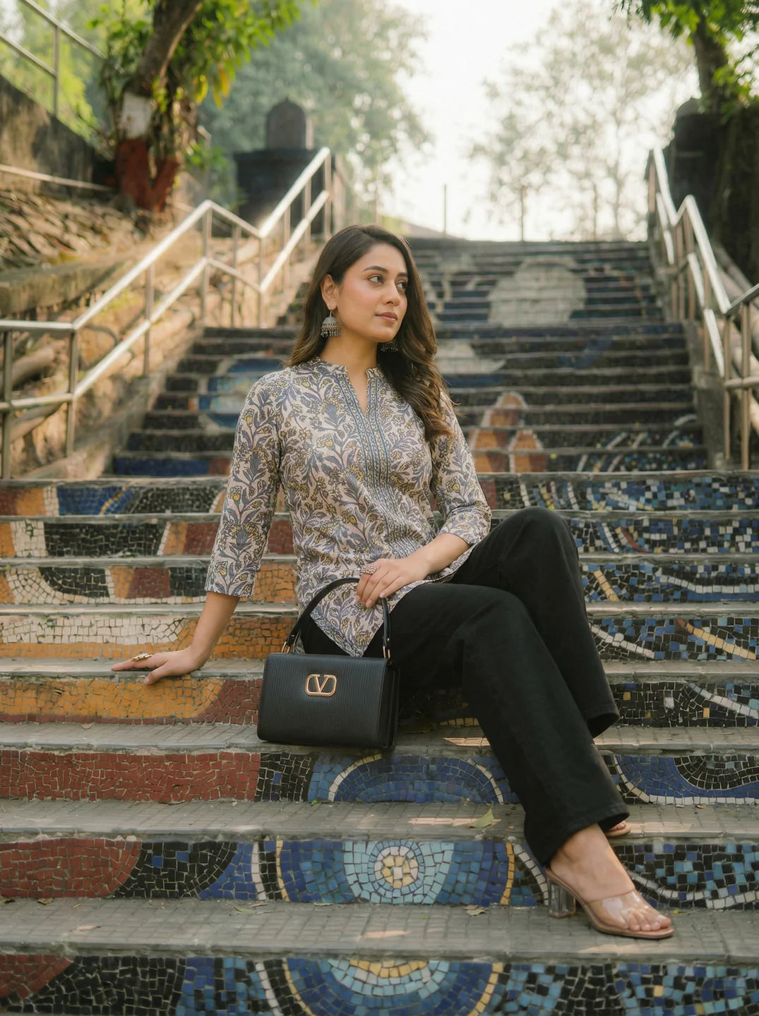 Dark Grey & Yellow Floral Print Short Kurti in Cotton Cambric
