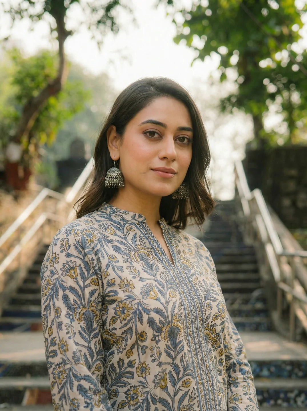 Dark Grey & Yellow Floral Print Short Kurti in Cotton Cambric