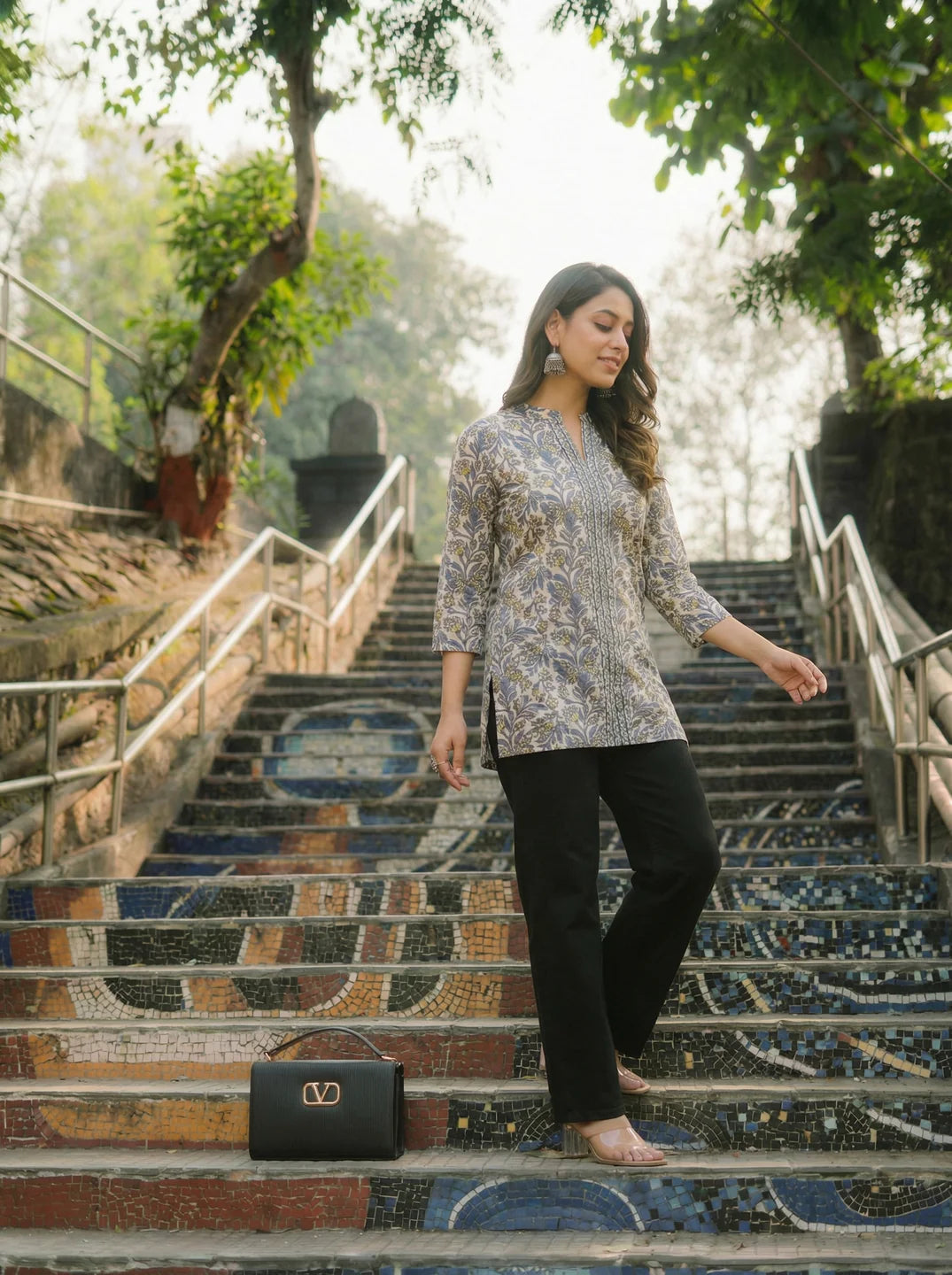 Dark Grey & Yellow Floral Print Short Kurti in Cotton Cambric