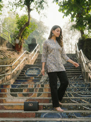 Dark Grey & Yellow Floral Print Short Kurti in Cotton Cambric