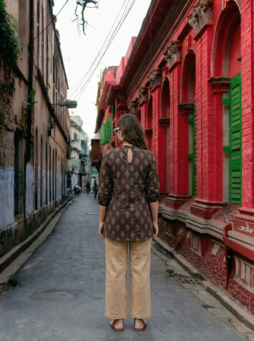 Dark Brown Handblock Print Short Kurti in Cotton Cambric