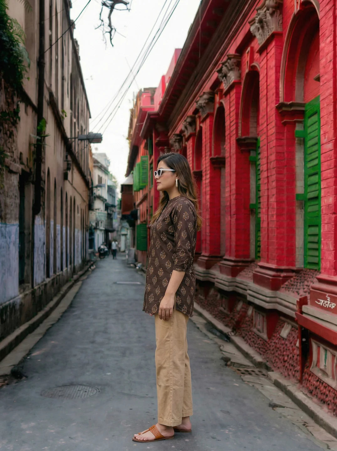 Dark Brown Handblock Print Short Kurti in Cotton Cambric
