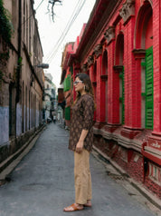 Dark Brown Handblock Print Short Kurti in Cotton Cambric