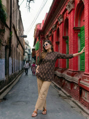 Dark Brown Handblock Print Short Kurti in Cotton Cambric