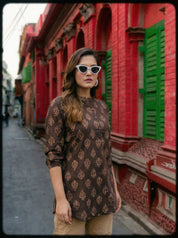 Dark Brown Handblock Print Short Kurti in Cotton Cambric