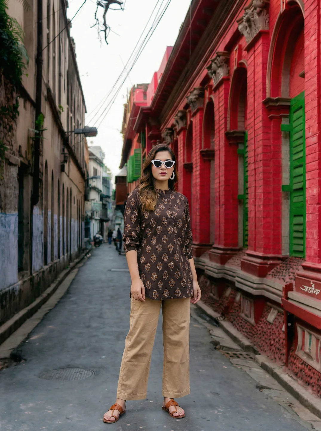 Dark Brown Handblock Print Short Kurti in Cotton Cambric