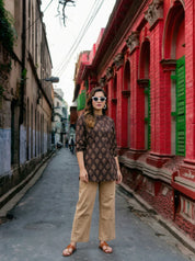 Dark Brown Handblock Print Short Kurti in Cotton Cambric