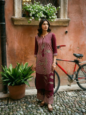 Wine Cream Leaf Print Kurta Palazzo Set in German Rayon