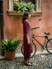 Wine Cream Leaf Print Kurta Palazzo Set in German Rayon