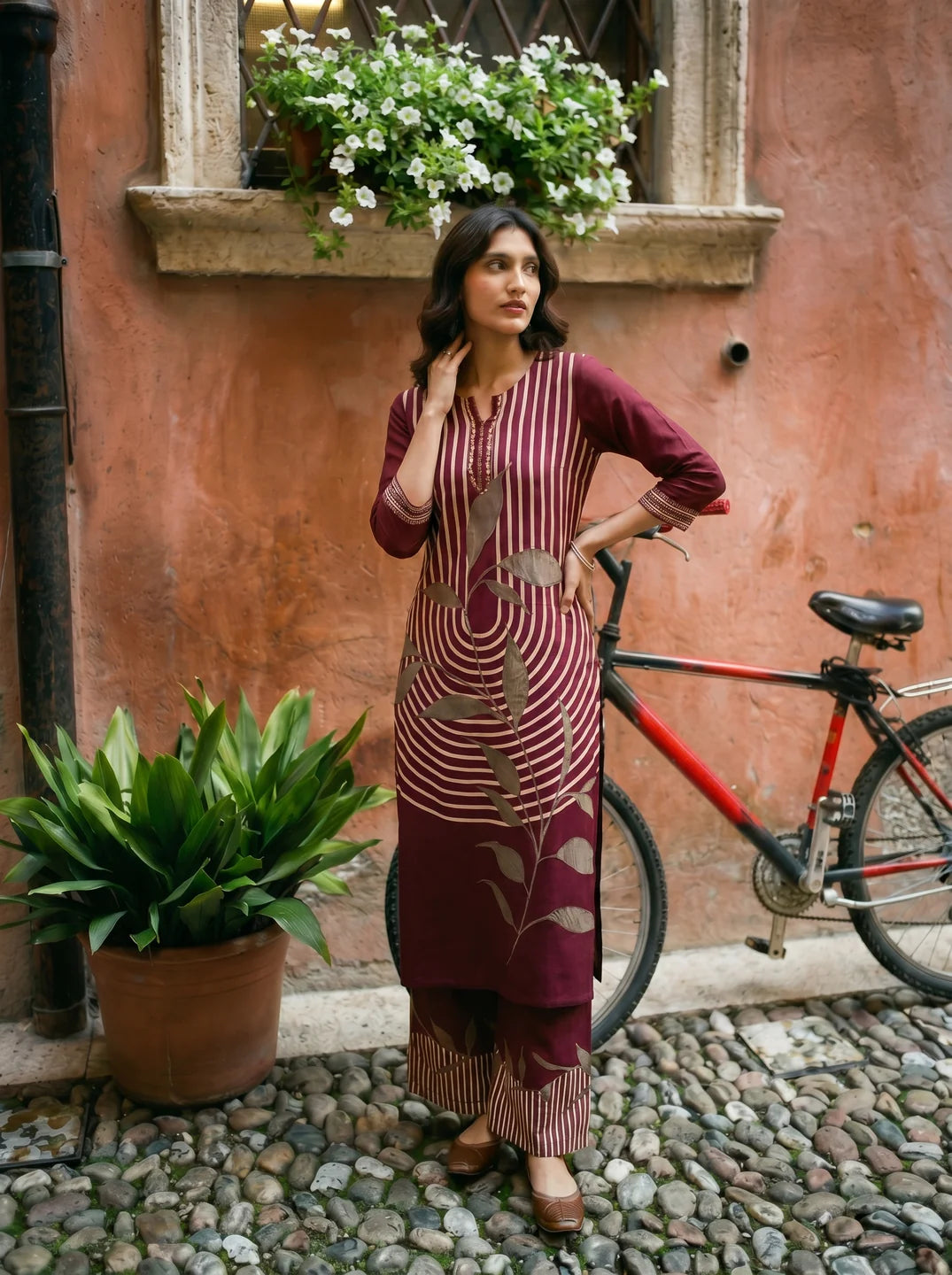 Wine Cream Leaf Print Kurta Palazzo Set in German Rayon