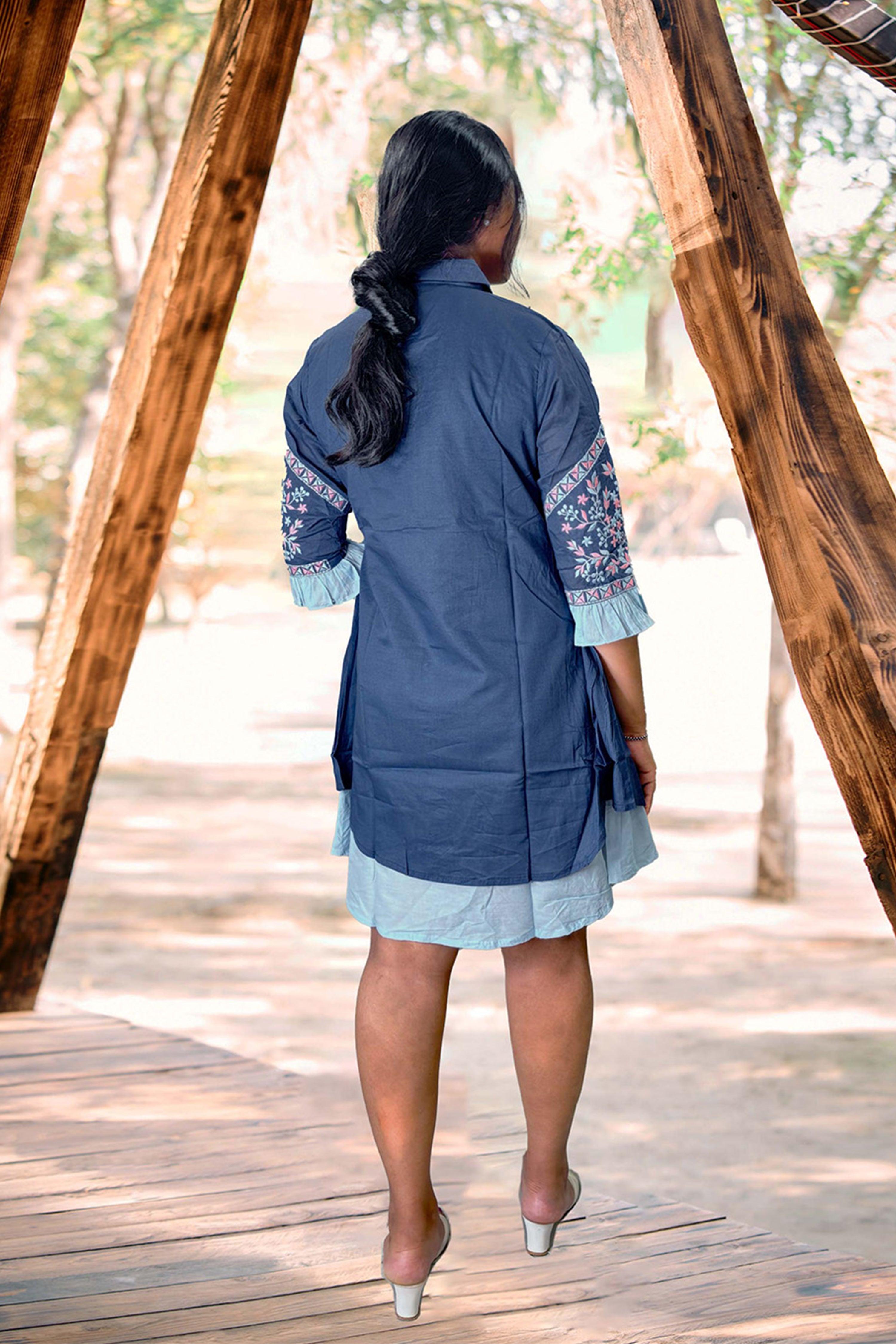 Blue Embroidered Cotton Cambric Short Dress