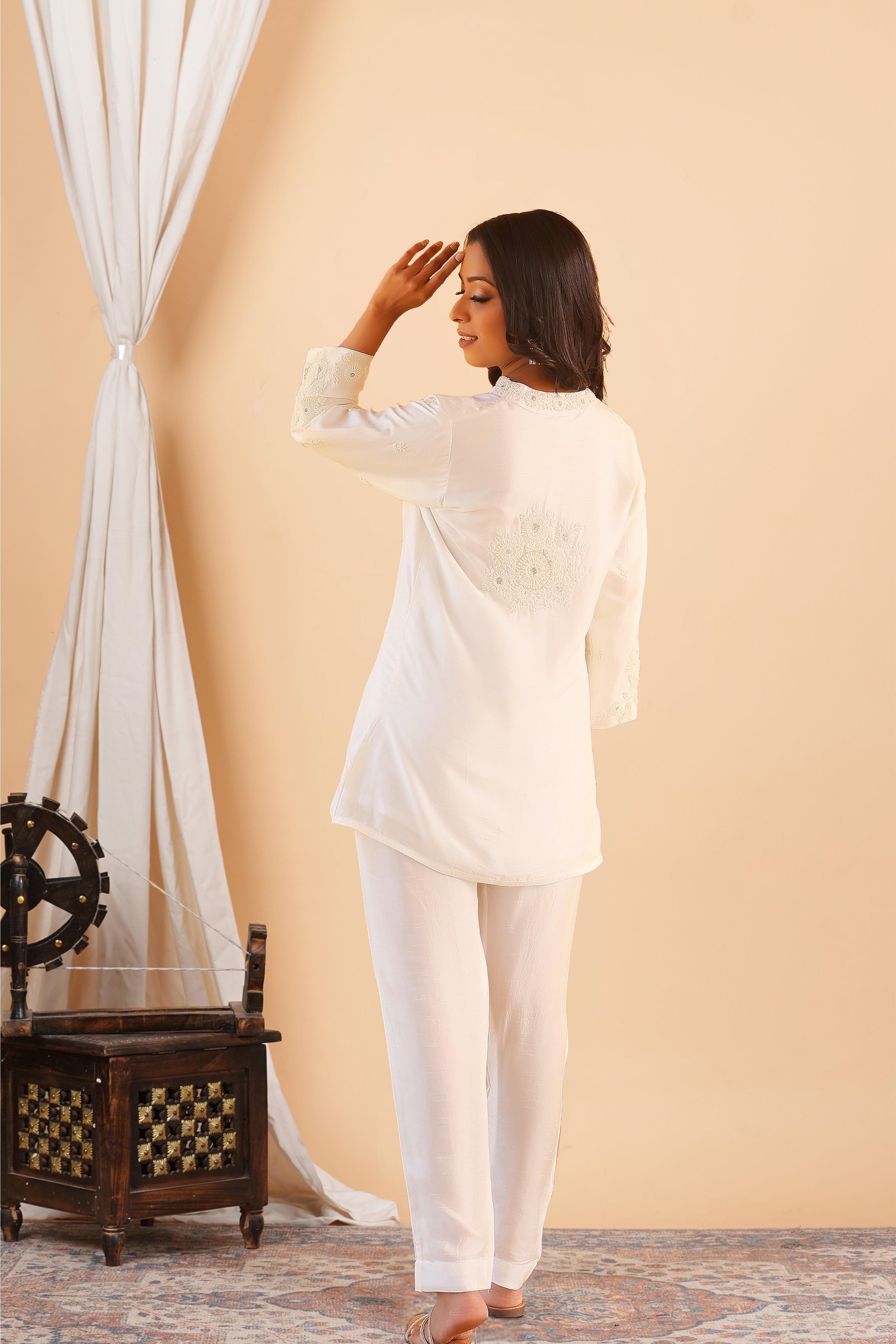 White Embroidered Tunic & Trouser Set - Kaftanize