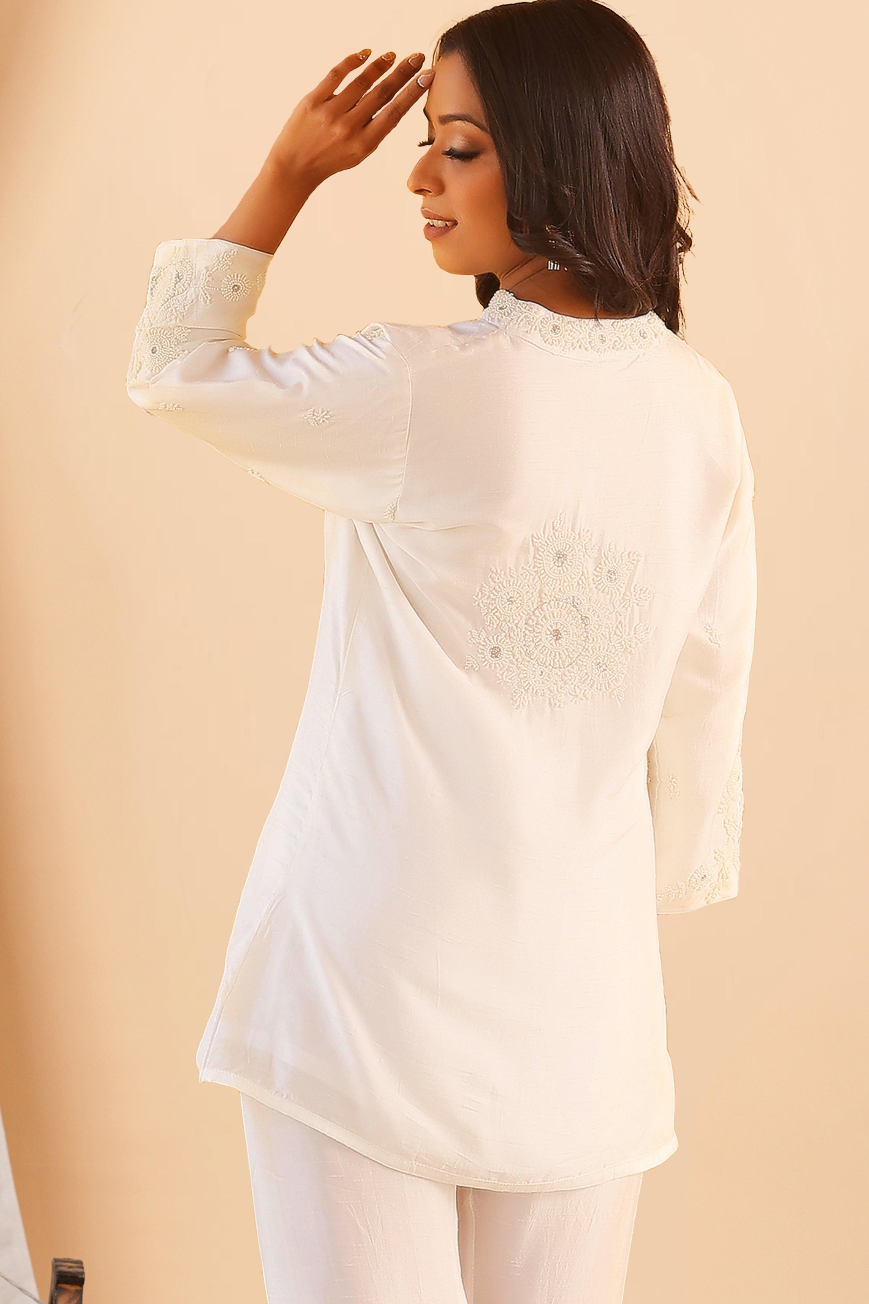 White Embroidered Tunic & Trouser Set - Kaftanize