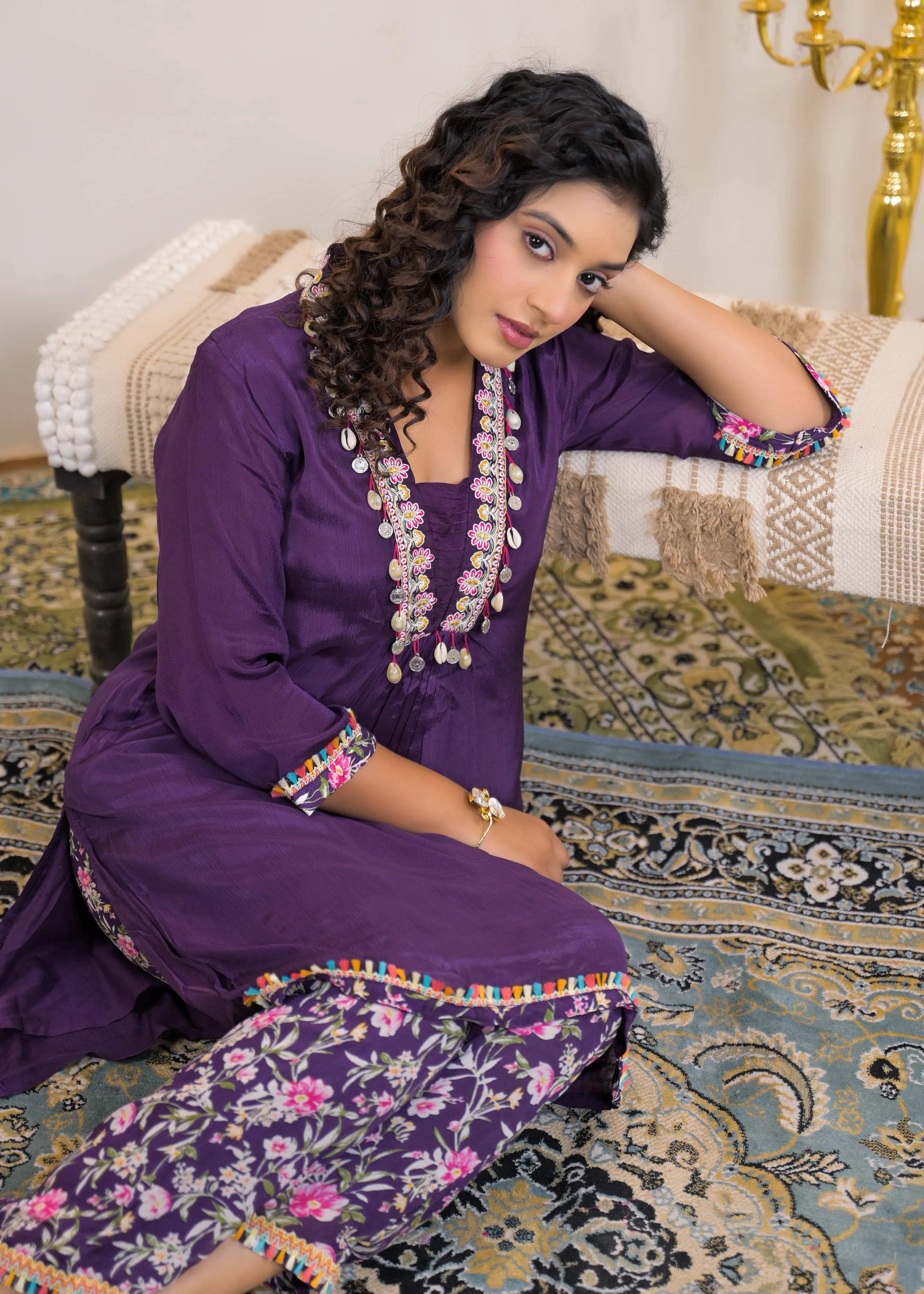 Eggplant Purple Kurta Set with Cowrie Shell Detailing & Floral Chinnon Pants