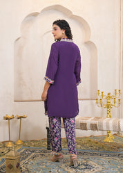Eggplant Purple Kurta Set with Cowrie Shell Detailing & Floral Chinnon Pants