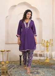 Eggplant Purple Kurta Set with Cowrie Shell Detailing & Floral Chinnon Pants
