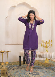 Eggplant Purple Kurta Set with Cowrie Shell Detailing & Floral Chinnon Pants