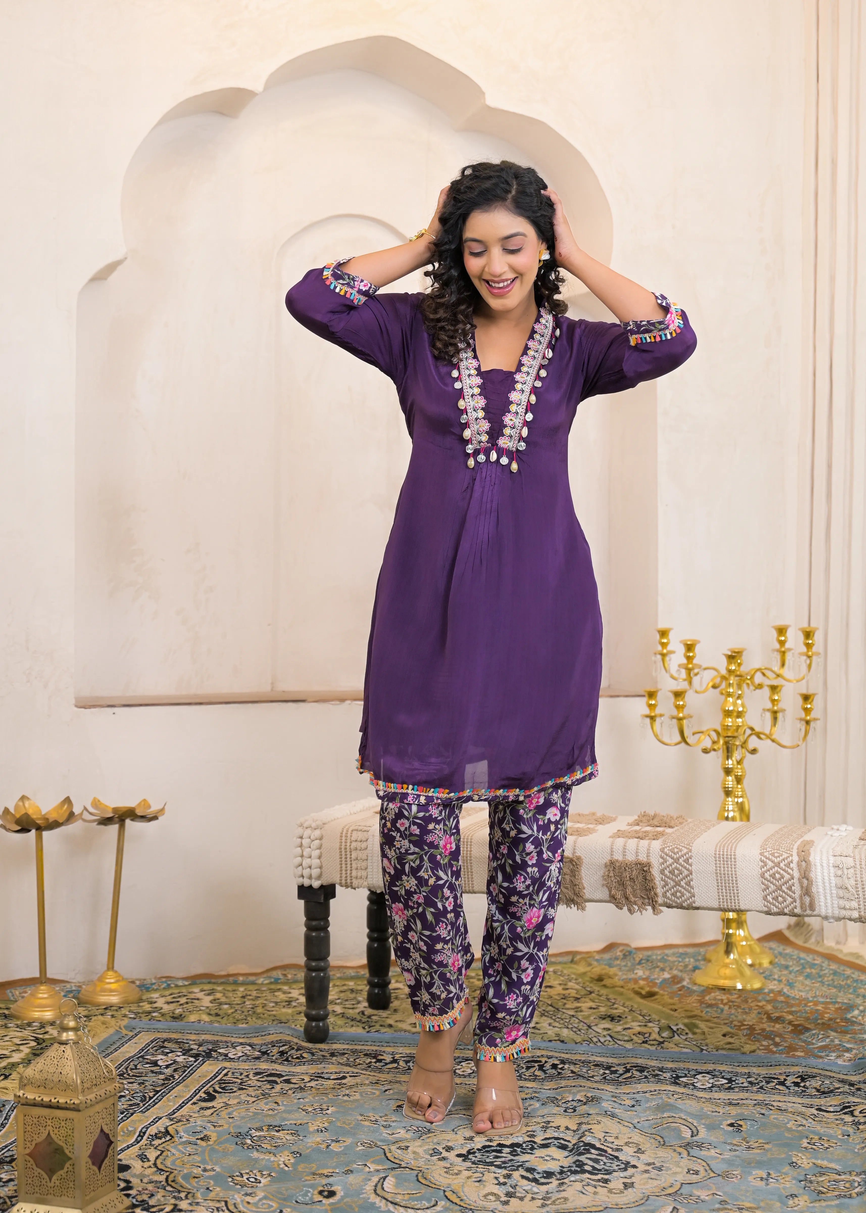 Eggplant Purple Kurta Set with Cowrie Shell Detailing & Floral Chinnon Pants