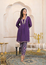 Eggplant Purple Kurta Set with Cowrie Shell Detailing & Floral Chinnon Pants