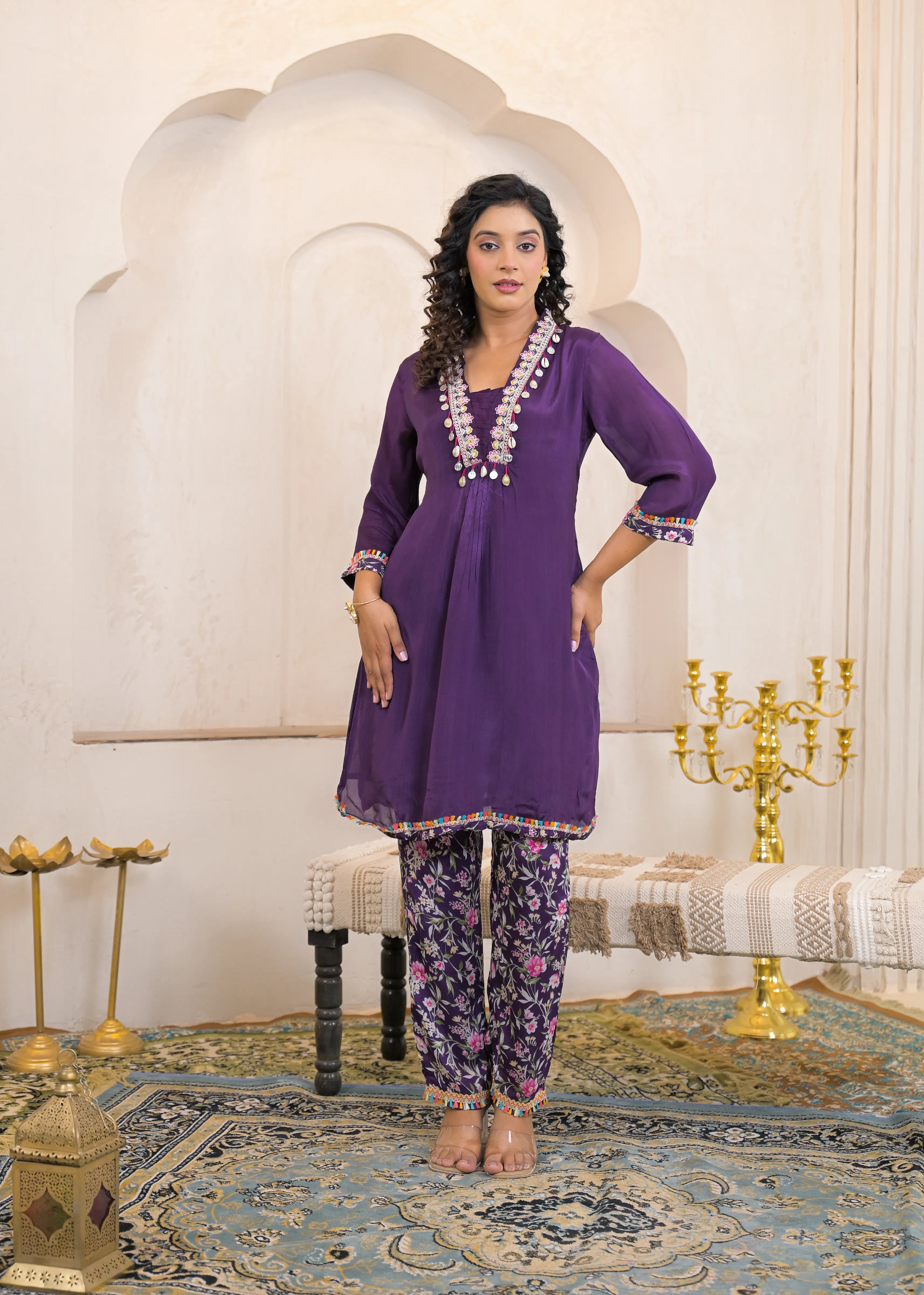 Eggplant Purple Kurta Set with Cowrie Shell Detailing & Floral Chinnon Pants