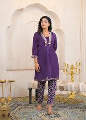 Eggplant Purple Kurta Set with Cowrie Shell Detailing & Floral Chinnon Pants