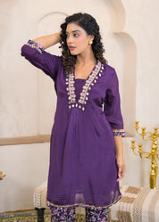 Eggplant Purple Kurta Set with Cowrie Shell Detailing & Floral Chinnon Pants