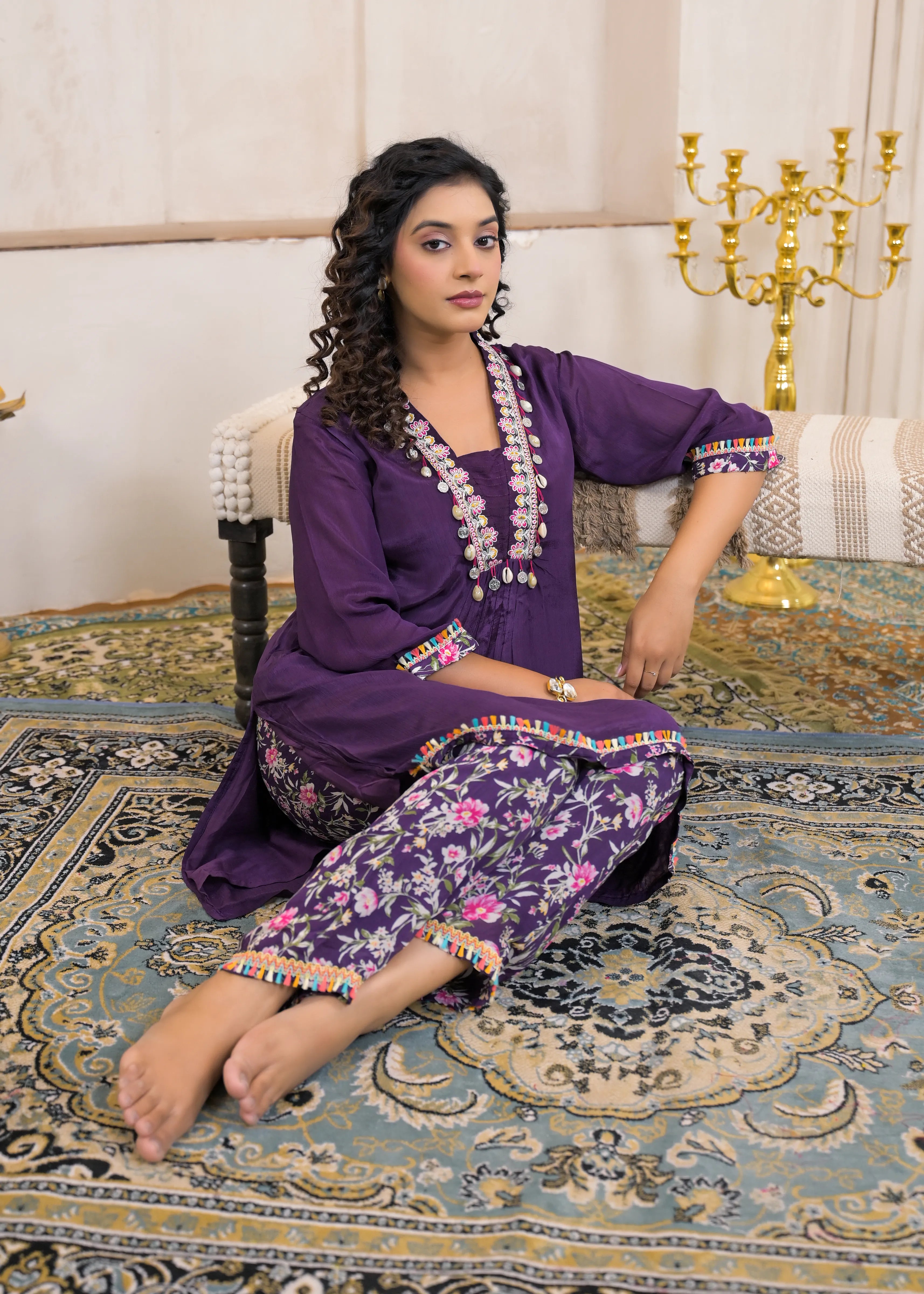 Eggplant Purple Kurta Set with Cowrie Shell Detailing & Floral Chinnon Pants