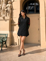 Black Embroidered Cotton Cambric Short Dress