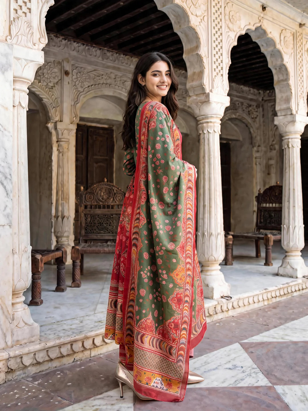 Multicolor Anarkali Kurta Set with Silk Dupatta