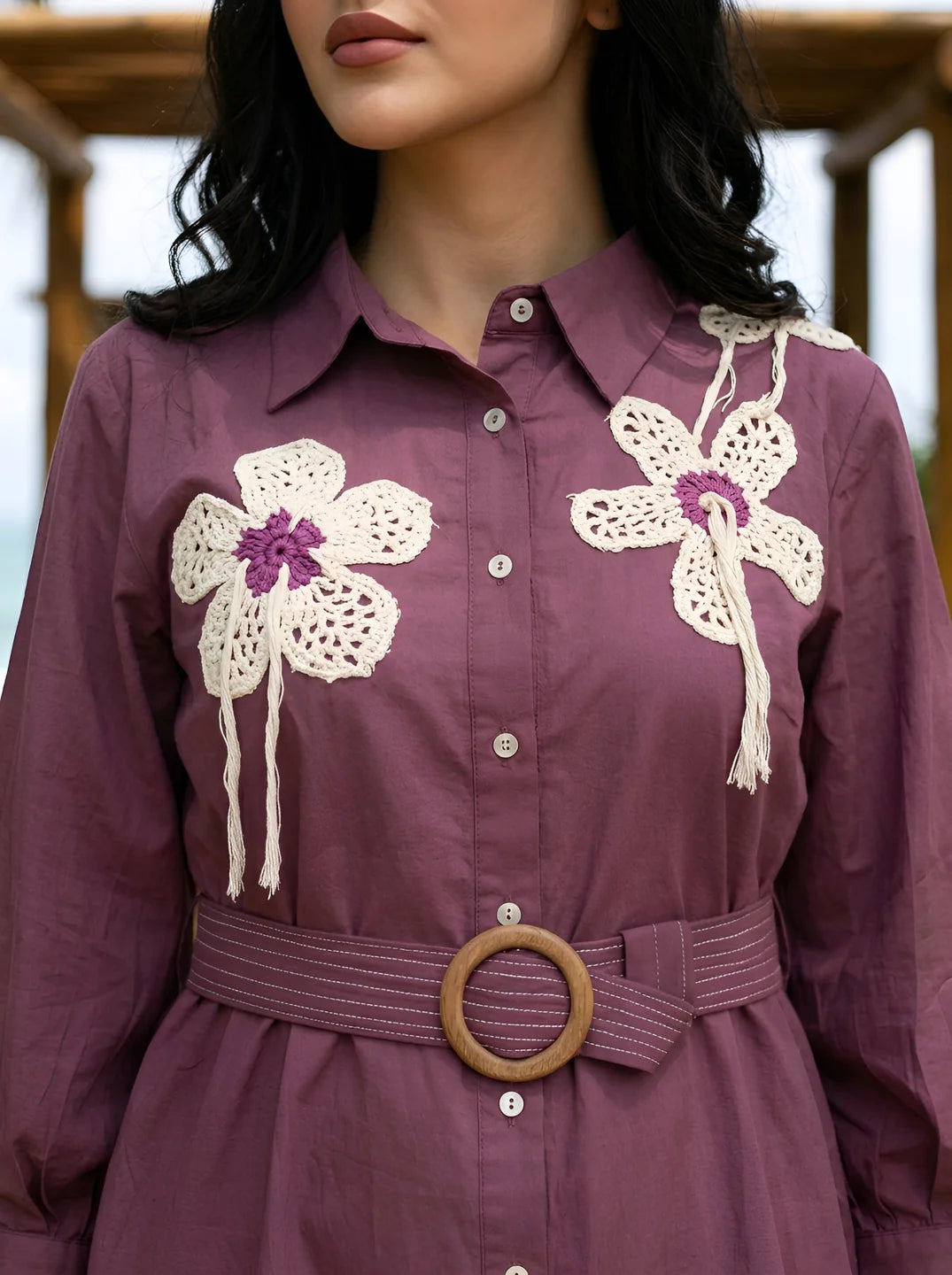 Plum Crochet Flower Patch Mini Dress in Cotton Cambric