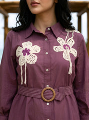 Plum Crochet Flower Patch Mini Dress in Cotton Cambric