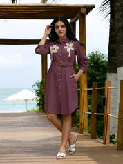 Plum Crochet Flower Patch Mini Dress in Cotton Cambric