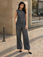 Grey Sleeveless Zip-Front Co-ord Set with Band Neckline in Cotton Denim