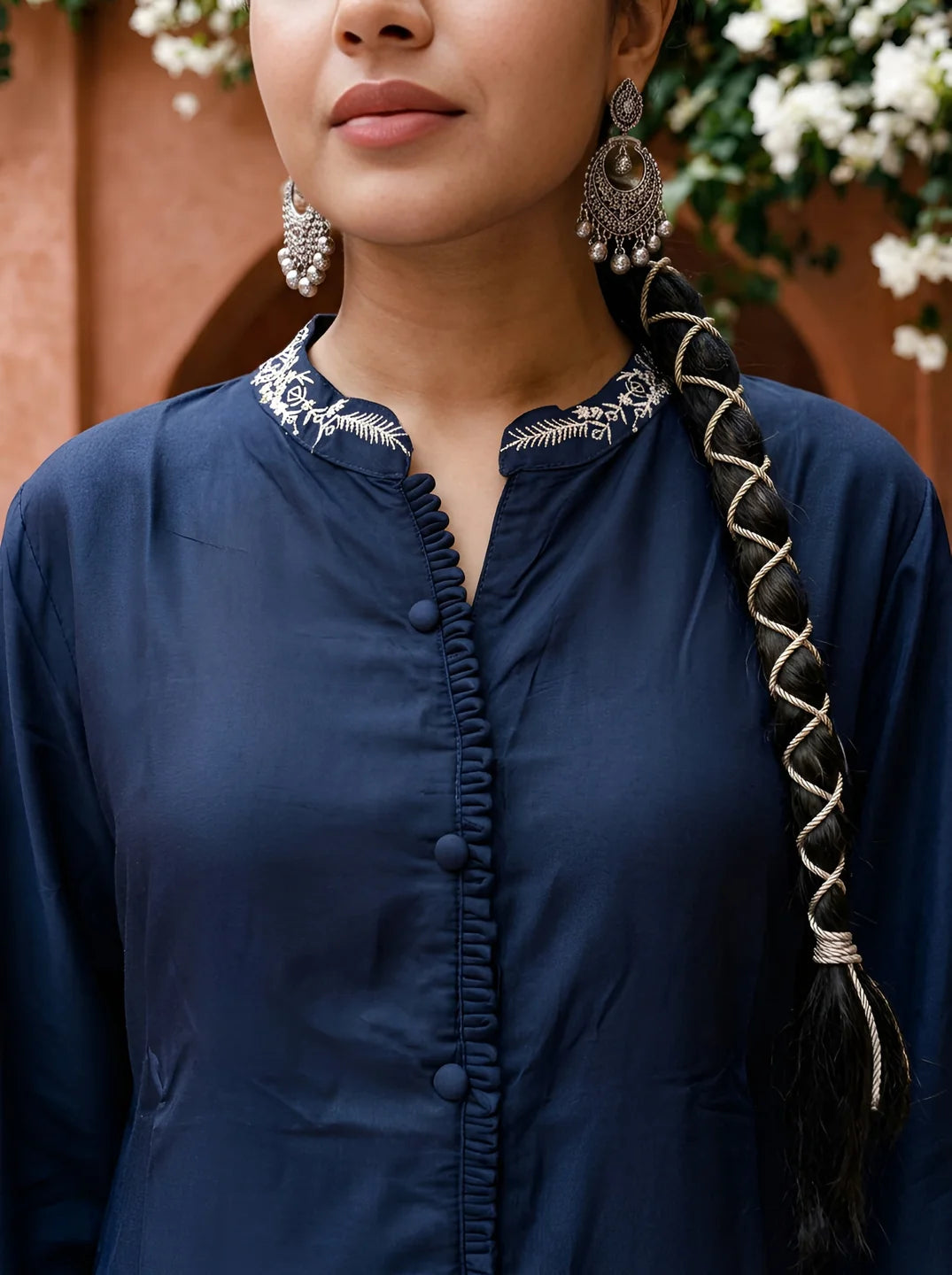 Navy Blue Botanical Embroidered Gajji Silk Co-ord Set