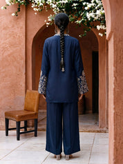 Navy Blue Botanical Embroidered Gajji Silk Co-ord Set