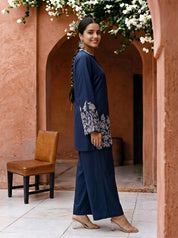 Navy Blue Botanical Embroidered Gajji Silk Co-ord Set