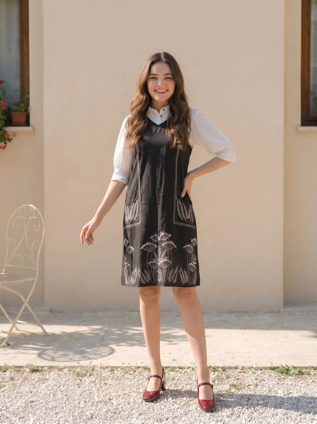 Black  Cotton Flex Embroidered Mini Shirt Dress