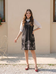 Black  Cotton Flex Embroidered Mini Shirt Dress