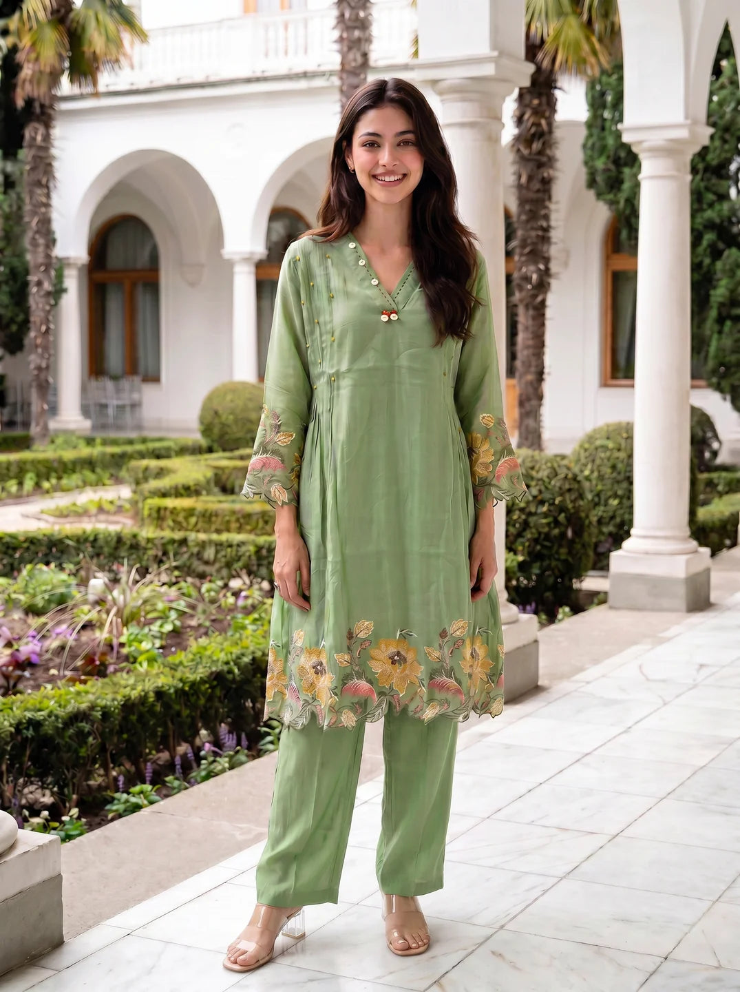 Sage Green Embroidered A-Line Co-ord Set in Mal Chanderi