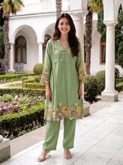 Sage Green Embroidered A-Line Co-ord Set in Mal Chanderi