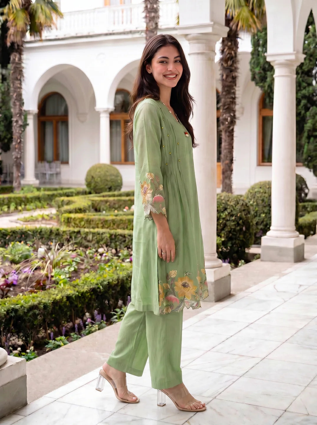 Sage Green Embroidered A-Line Co-ord Set in Mal Chanderi