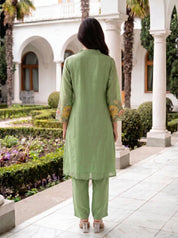 Sage Green Embroidered A-Line Co-ord Set in Mal Chanderi