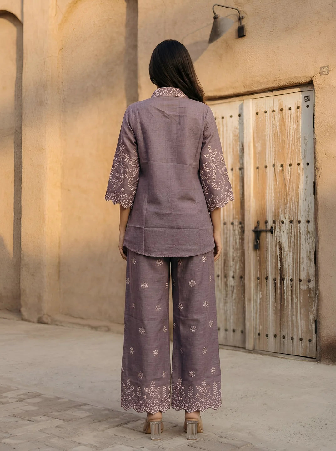 Muted Lavender Eyelet Embroidered Co-ord Set in Linen Denim