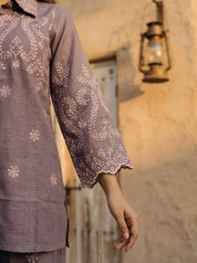 Muted Lavender Eyelet Embroidered Co-ord Set in Linen Denim