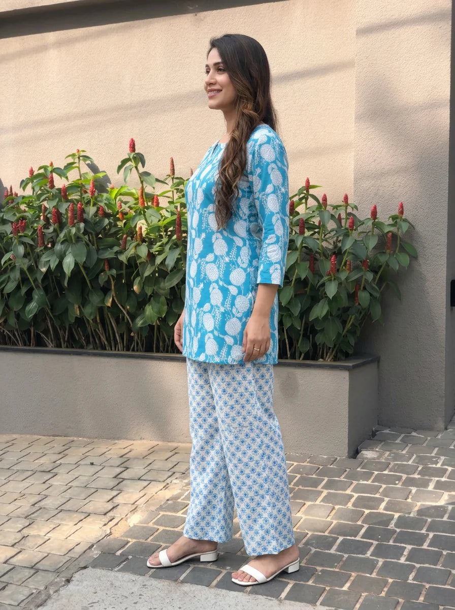 Blue Cotton Botanical Printed Kurta With Pant