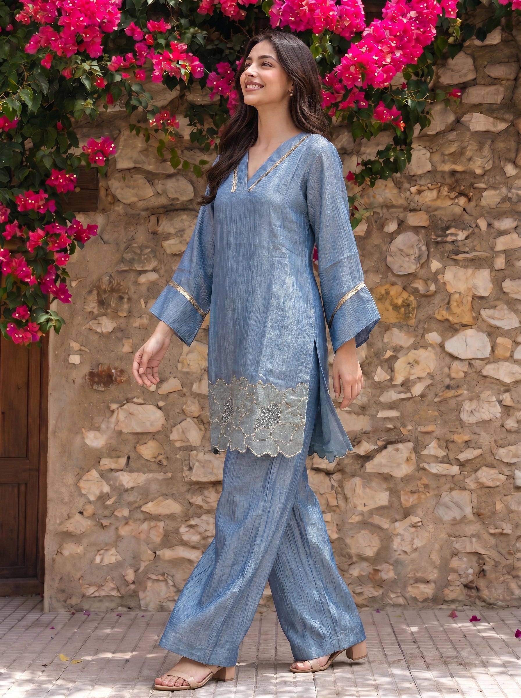 Dusty Blue Embroidered Co-ord Set with Wide-Leg Pants in Viscose
