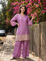Mauve Embroidered Co-ord Set with Wide-Leg Pants in Viscose